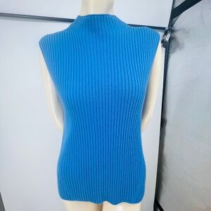 St. John Resort Collection 100% Cashmere Ribbed Sleeveless Mock Neck Top S Blue